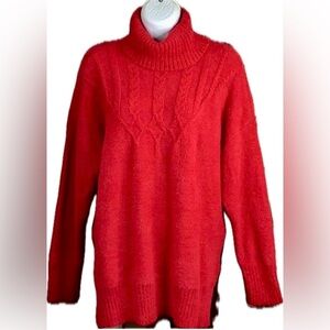 Maurices L XL Top Sweater Red Turtleneck Split Side Cable Knit Smock Shirt Front